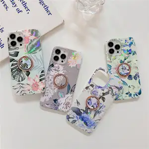 Funda de teléfono con soporte de anillo de Metal para iPhone, carcasa trasera de TPU suave de lujo con flores para iPhone 14 11 12 13 Pro MAX 7 8 PLUS X XR XSMAX