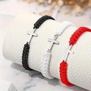 Pulsera de cuerda tejida cruzada de acero inoxidable ajustable hecha a mano, pareja de amistad, pulsera de hilo rojo de la suerte para hombres y mujeres - Product Image 1