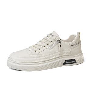 Zapatillas informales con plataforma de color blanco liso para hombre, con cremallera lateral y cordones, suela gruesa antideslizante y ligera, zapatos de moda para calle - Product Image 5