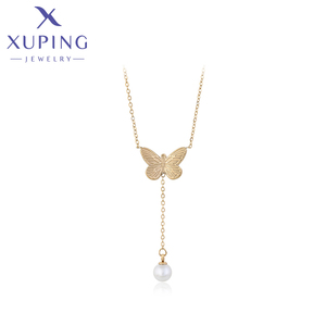 T000721180 Xuping Schmuck Mode elegante lebhafte Schmetterling lange Anhänger Perlenkette 14K Farbe Edelstahl Halskette