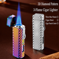 Briquet à cigares triple flamme avec support, coupe-cigare, fenêtre de niveau de carburant visible et corps en alliage