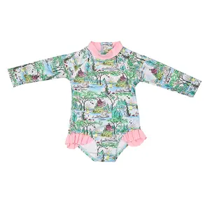 Custom UPF 50 + protezione solare eco-friendly tessuto un pezzo costume da bagno a maniche lunghe costume da bagno da bambina con volant floreale per bambini costumi da bagno - Product Image 1