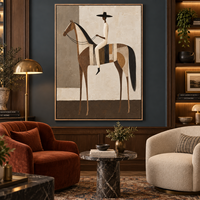 Peinture sur toile géométrique style américain vintage, cavalier, beige neutre, marron, art mural pour hôtel, villa, club équestre, décoration