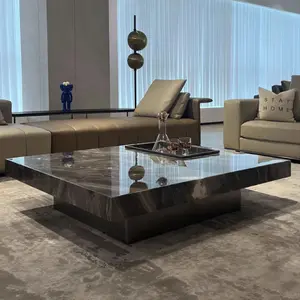 Mesa auxiliar de centro de sala de estar de gama alta con base de acero inoxidable Mesa de centro de piedra de mármol natural