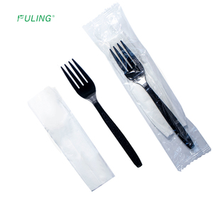 FULING 6 In1 Ensemble de couverts jetables <span class=keywords><strong>PS</strong></span> en plastique lourd Fourchettes et cuillère personnalisées Kit de couteau enveloppé avec une serviette sel poivre - Product Image 4