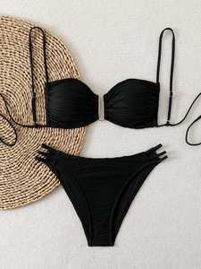 Conjunto de bikini triangular de color liso con fruncido sexy para mujer, con lazo en la espalda, sin espalda, de 2 piezas, para playa - Product Image 4