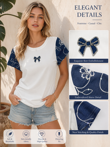 Usine OEM ODM fabriquant des t-shirts 100% coton avec manches en jean, t-shirts pour femmes de style <span class=keywords><strong>italien</strong></span>, coupe ajustée, boutique de mode. - Product Image 1