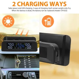 ระบบตรวจสอบแรงดันลมยาง TPMS สำหรับรถยนต์อัจฉริยะ พลังงานแสงอาทิตย์ จอแสดงผลดิจิตอล TMPS LCD พร้อม USB ระบบเตือนภัยอัตโนมัติ เซ็นเซอร์แรงดันลมยาง - Product Image 3