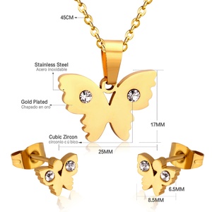Parure de bijoux tendance en acier inoxydable, plaqué or, avec pendentif papillon en cristal et strass, collier et boucles d'oreilles, prix de gros - Product Image 3