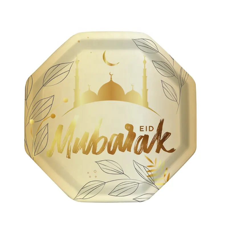 Plateau Hexagonal eid mubarak, assiettes en papier, pour Ramadan, 9 pouces, noir, 240009