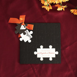 Convite de casamento em formato de quebra-cabeç<span class=keywords><strong>a</strong></span> com design em relevo, recorte especial e laço de fita, estilo Tamil Black. - Product Image 6