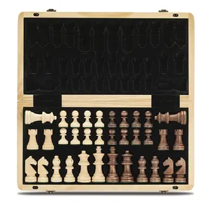 15 인치 접이식 보드 나무 체스 세트 체스 조각 저장 슬롯 체스 세트 어린이 성인