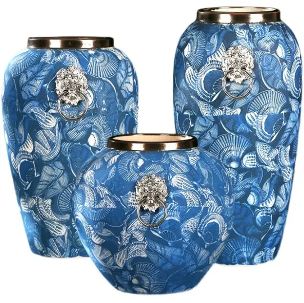 Unique Display Luxury Simple Blue Floor Ceramic Vase With Copper Rings For Home Decor