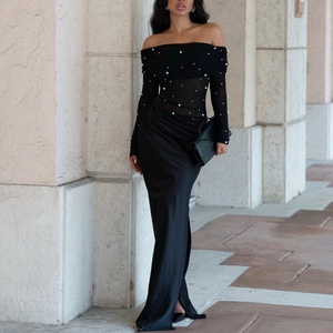 Robe longue noire en maille à épaules dénudées avec perles, nouveau style 2026 pour femme, idéale pour les soirées - Product Image 1