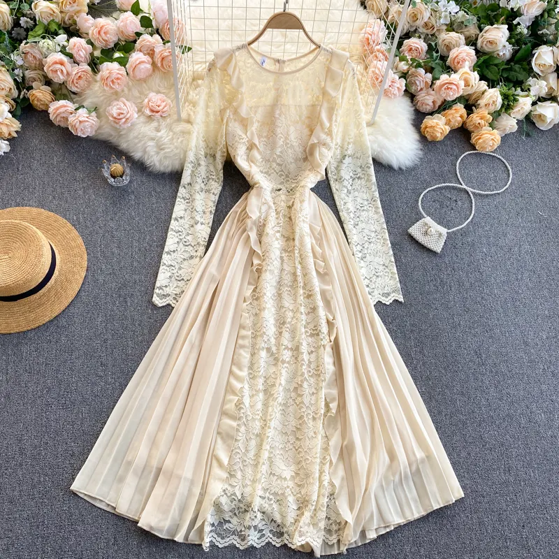 2021 summer long sleeve korean dresses elegant 8 colors free size high waist see through women lace prom dress
