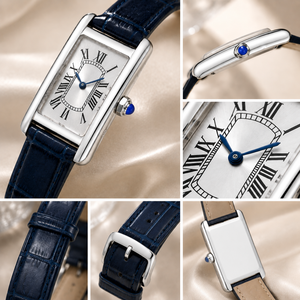 Montre rectangulaire de créateur à quartz avec chiffres romains, bracelet en cuir bleu, montre classique minimaliste pour le quotidien et les affaires - Product Image 6