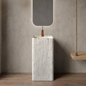 Meuble de salle de bain artistique personnalisé, style médiéval, avec lavabo en pierre de grotte blanche, miroir intelligent intégré et meuble sur pied. - Product Image 5