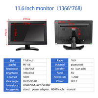 11.6 pouces 1366x768 écran LCD coque en plastique moniteur de bureau avec HD VGA BNC AV Interface USB pour CCTV voiture DVR Microscope caméra
