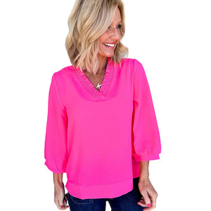 Hot Selling <strong>Neon</strong> <strong>Pink</strong> V Neck Three Quarter Sleeve Loose Casual Women Blouse <strong>Top</strong> Stock Wholesale - Product Image 6