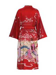 Kimono largo de satén sedoso con estampado floral para mujer, ligero, con cordón ajustable, para damas de honor, bodas, despedidas de soltera, color rojo vino. - Product Image 2