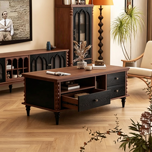 Vintage Gothic Wooden Coffee <b>Table</b> with Glass Doors & Drawers, <b>Storage</b> Living Room <b>Table</b> - Product Image 4