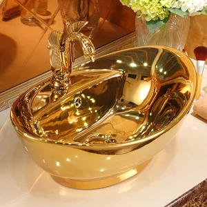 Golden luxury Royal style lavabo bowl washbasin countertop ceramic art basin gold plated hand wash basin bathroom vessel sink