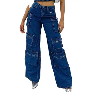 Custom Dames Baggy Broek Hoge Taille Modieuze 6 Pocket Denim Jeans Oversized Dames Cargo Jeans Broek