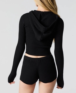 女性のためのセクシーなファッションウールブレンドニットスーツニットショーツリブドニットジップアップフード付きセーター - Product Image 5