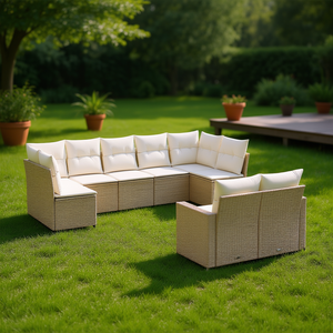 Set Divano da Giardino in Rattan PE Beige, Arredamento da Esterno con Cuscini in Schiuma ad Alta Densità, Design Contemporaneo Impermeabile - Product Image 2