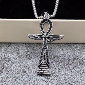 yunnique Pendentif croix Ankh rétro en acier inoxydable de style égyptien ancien avec ailes et motif œil pour hommes et femmes - Product Image 4
