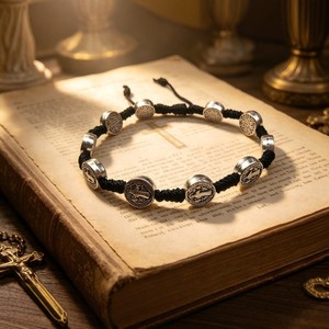 Cross Border Retro Woven <b>Bracelet</b> With Metal Beads St Benedict Jewelry Black And Red <b>String</b> Catholic Gift Tibetan Silver - Product Image 2