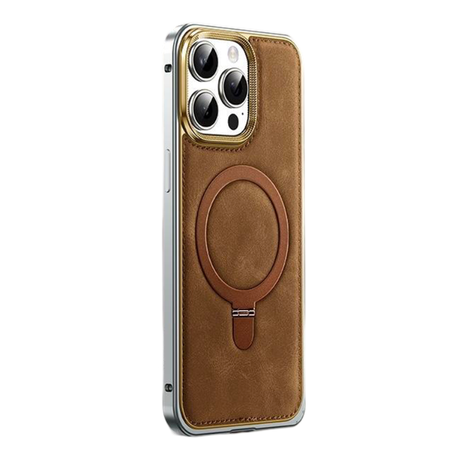 Luxury Metal Frame Leather Magnetic Phone Case for iPhone 14 15 16 Pro Max With Ring Stand Wireless Charging Shockproof Cover