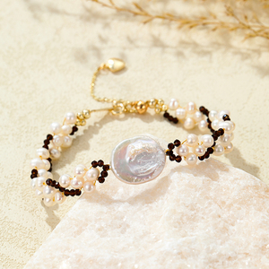 Virus của phụ nữ làm bằng tay tối thiểu Luxe AAAA lớp đồng xu ngọc trai vòng đeo tay ngọc trai nước ngọt hạt pha lê ca cao 14k vàng đầy - Product Image 5