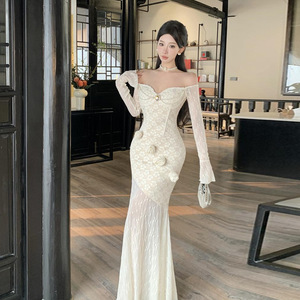 <span class=keywords><strong>Robe</strong></span> moulante élégante et sexy à épaules dénudées style français pour femme, <span class=keywords><strong>modèle</strong></span> 6953, avec jupe queue <span class=keywords><strong>de</strong></span> poisson en dentelle, idéale pour l'été - Product Image 2