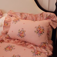 Parure de lit élégante rose à fleurs 100 % coton, style princesse à volants français, 4 pièces, housse de couette pour chambre de filles et décoration intérieure