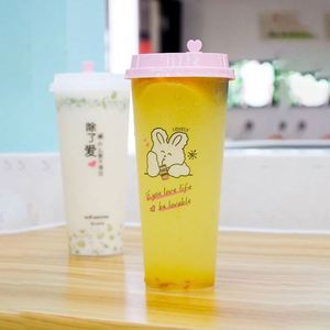 Gobelets en plastique PP rigide de 12 oz, 16 oz, 20 oz, 24 oz, 32 oz, de 90 mm de diamètre, forme plate, pour bubble tea, jus de fruits, avec couvercles - Product Image 3