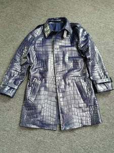 Men's Blue 100% Crocodile <b>Leather</b> <b>Long</b> <b>Jacket</b> With Turn-down Collar Formal Winter Coat proof Thick Single Breasted - Product Image 1