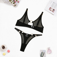 2 potong Set Lingerie seksi seksi pakaian dalam wanita tembus pandang tembus pandang model renda tipis fantasi Tulle Lingerie nyaman Thong