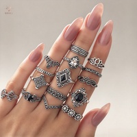 Lot de 15 bagues vintage pour femme, style bohème, en argent antique, motif lotus ajouré, empilables, avec gemmes incrustées, bijoux de doigt rétro