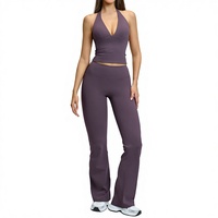 Atmungsaktives Einfarbiges Gebürstetes Micro-Rippen-Spandex/Nylon Yoga-Set mit Neckholder-Ausschnitt, 2-teilige Sport-Fitnesskleidung, Auf Lager