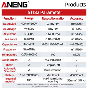 Multimètre numérique à pince ampèremétrique AC ANENG ST182 <span class=keywords><strong>Pro</strong></span> 4000 points, 400A, plage automatique, rétroéclairage, mesure de diode, 1 an - Product Image 5