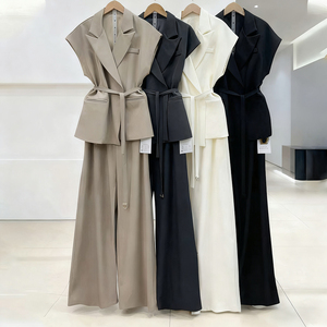 Completo Estivo da <span class=keywords><strong>Donna</strong></span> Due Pezzi 2025: Blazer con Maniche a Cappuccio e Scollo a V, Gilet e <span class=keywords><strong>Pantaloni</strong></span> a Gamba Larga - Product Image 1