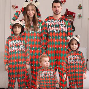 Pijamas navideños con capucha a juego para la familia, mono de manga larga con estampado a cuadros navideños para adultos - Product Image 1