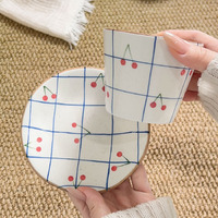 Koreaanse creatieve handgeschilderde gestreepte fruit keramische mok & schotelset, Ins-stijl ontbijtmelk koffiekopje