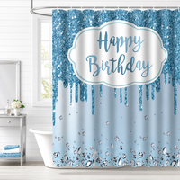 Rideau de douche Joyeux Anniversaire en tissu polyester imperméable, motif goutte de diamant bleu scintillant, décoratif pour fête