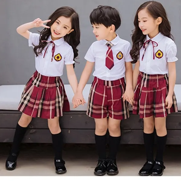 Summer children's international cotton shirt plaid skirt custom school uniform design primary school uniform