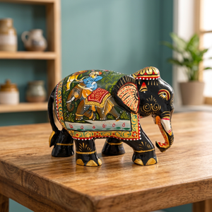 Estatua de Elefante de Madera Pintada a Mano Hecha en India al por Mayor, con Tronco Arqueado, Adorno Decorativo para Mesa del Hogar, Ideal para Regalo de Inauguración - Product Image 2