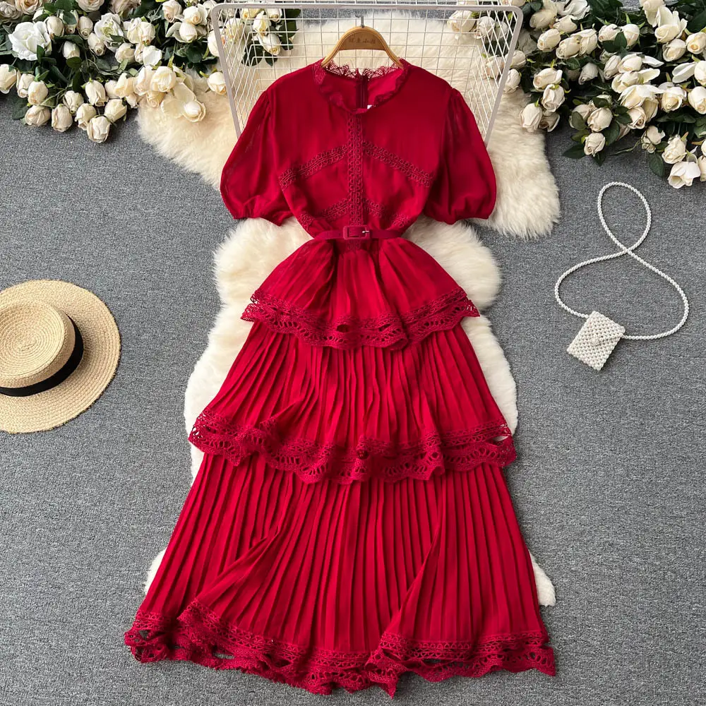 Women 2022 Summer Dress Belt Decor Round Neck High Waist Cascading Ruffle Pleated Short Sleeve Dress