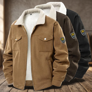 Blouson matelassé coupe-vent en velours côtelé pour homme, taille européenne, avec doublure polaire épaisse, fermeture éclair, patchwork, effet délavé, doublure Sherpa, style workwear cargo - Product Image 3