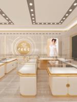 Vitrine de présentation de bijoux en bois et verre sur mesure de luxe avec éclairage LED en verre trempé, vitrine de vente au détail durable pour salle d'exposition de bijoux